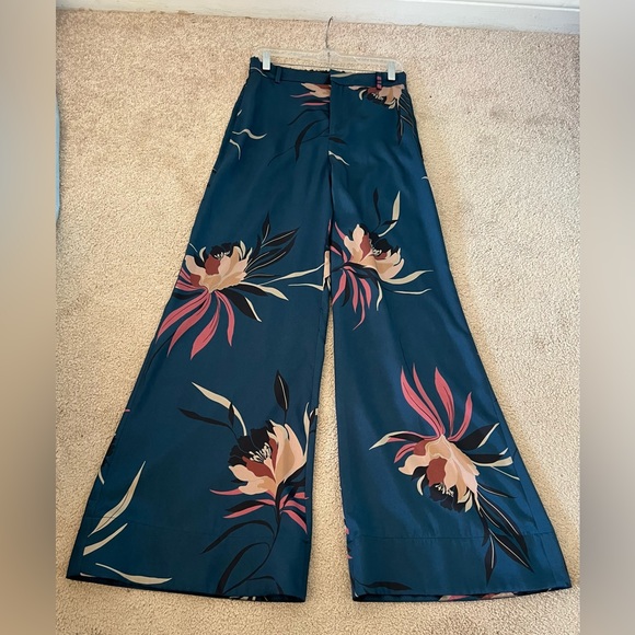 New ZARA Teal Satin Wide Leg Tropical Floral Print Pants - Picture 5 of 10